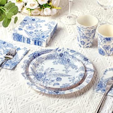 250 - piece Blue Disposable Plates and Napkins Set with Floral Pattern