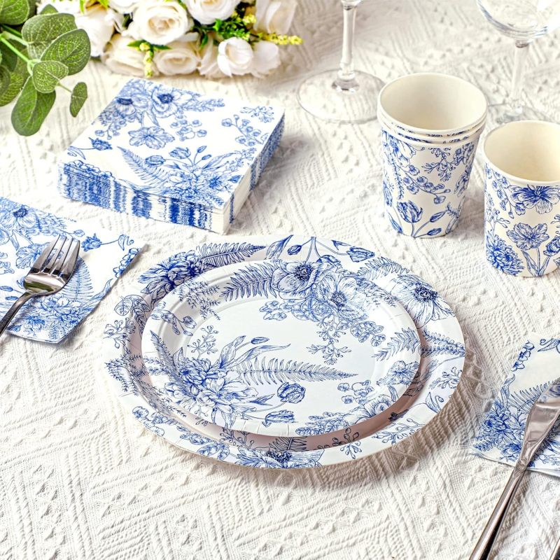250 - piece Blue Disposable Plates and Napkins Set with Floral Pattern