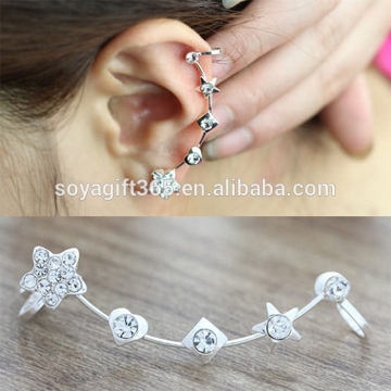 Women Ear Clip Crawler Star Heart & Crystal Silver Curved Bar Earring