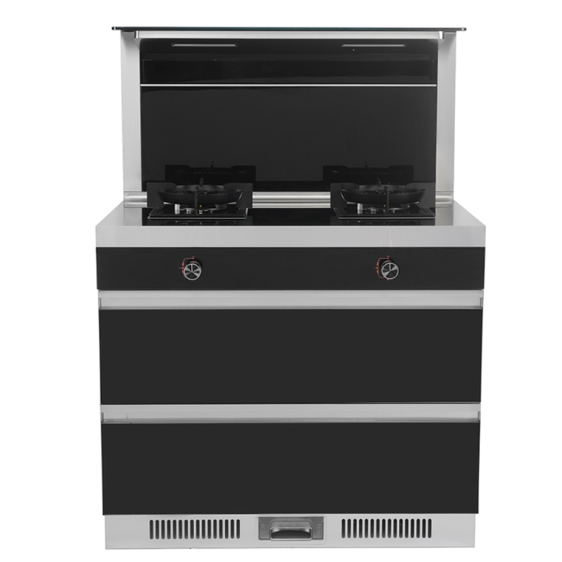 Freestanding Stainless Steel Kitchen Integrated 2 Gas Cooking Stove with Downdraft Suction Range Hood Oven Built in