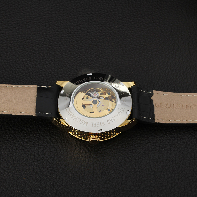 Leather Band Automatic skeleton gold dial watch