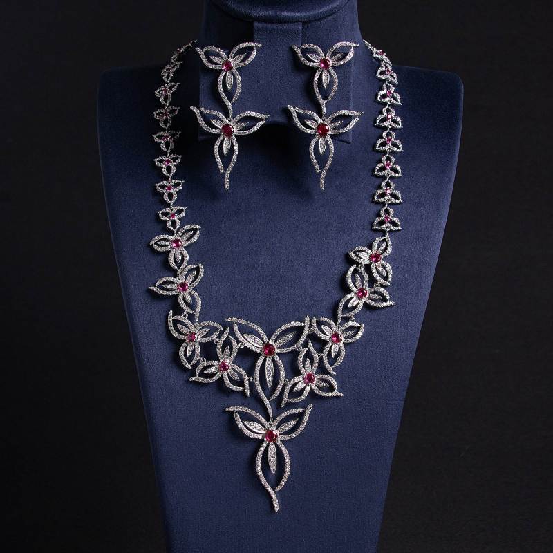 Openwork Floral Vine CZ Bridal Necklace Earring Set