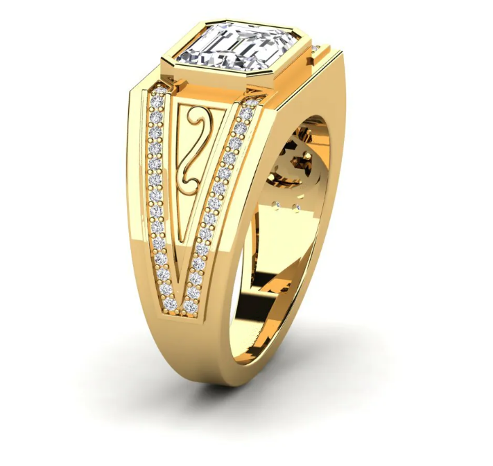 Perfil lateral de un anillo de sello ancho de oro para hombre con engaste central de talla esmeralda en relieve