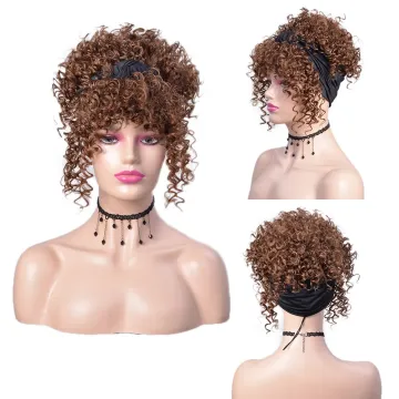 New Arrival Blonde Short Fluffy Kinky Curly Turban Wig With Bangs Cheap Afro Headband Wigs Synthetic Hair Wigs For Black Women