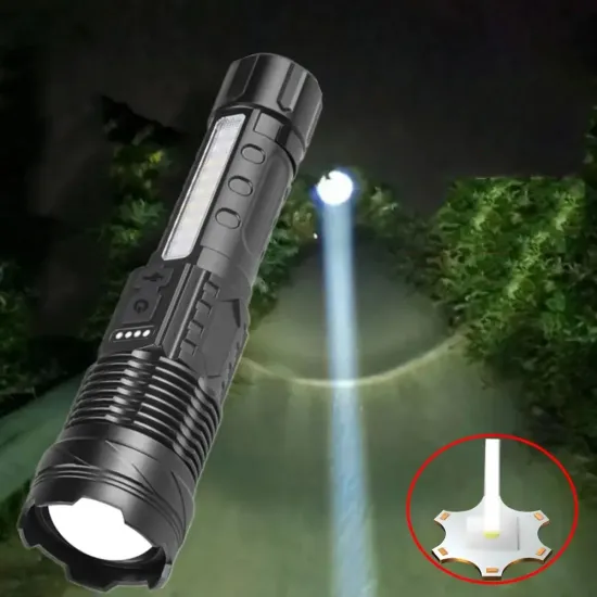 High-Power 20000 Lumen Rechargeable Flashlight with Side LED Red Light and Zoom Focus