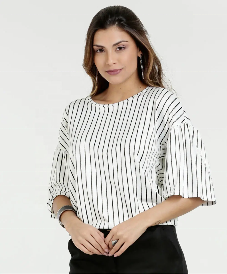 Women Black Strips O-Neck Half Sleeve Blouse