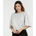 Femmes Noir bandes O-Neck manches mi-longues Chemisier