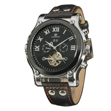 Waterproof stainless steel caseback leather strap watch