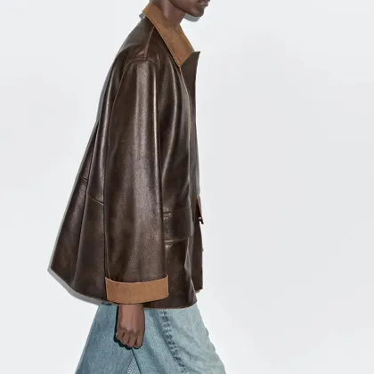 Women's corduroy detail Napa leather Parkas leather jacket