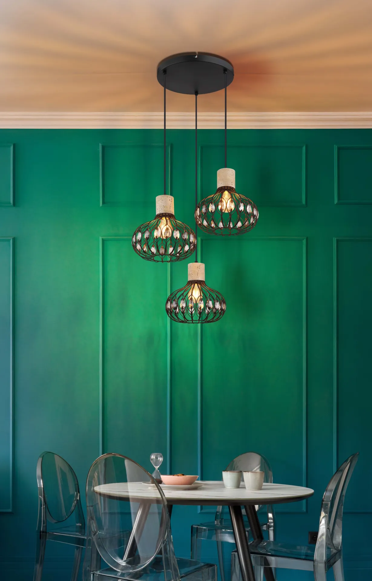 Vintage Black Metal Hanging Light with Crystals (7)