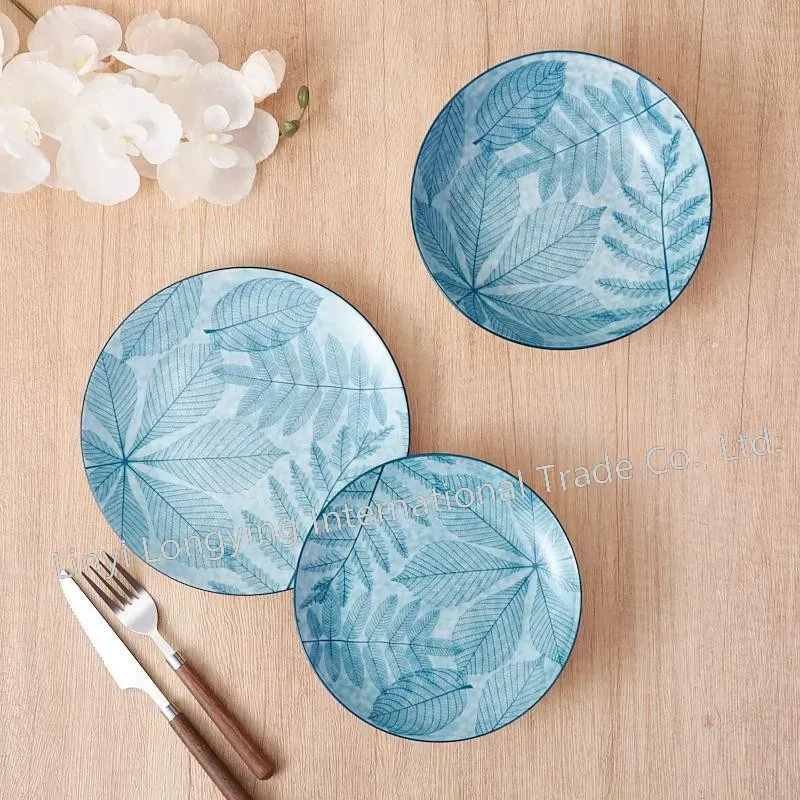 18PCS Eco-Friendly Blue Matte Leaf Pad Print Porcelain Dinner Set