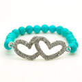 Turquoise 8MM Round Beads Stretch Gemstone Bracelet with Diamante Double heart Piece