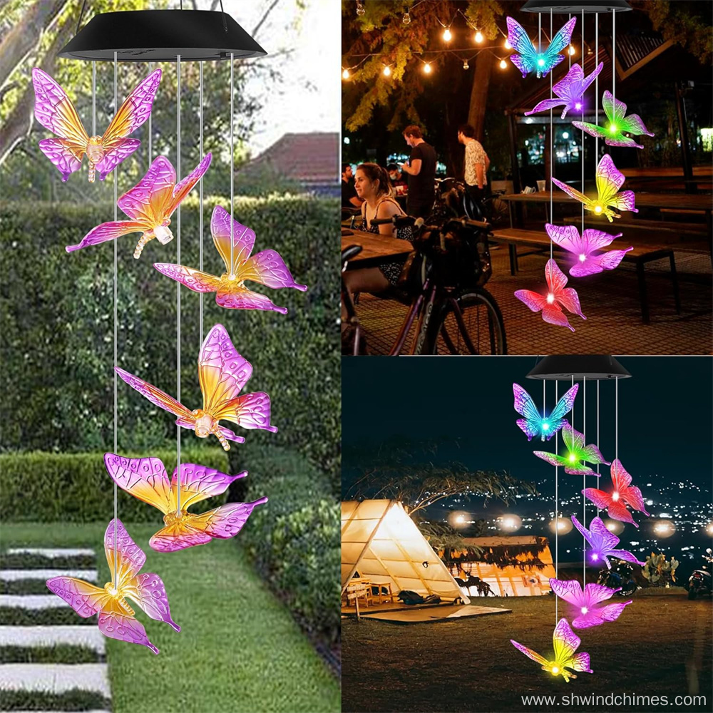 Purple Butterfly Solar Wind Chimes for Outdoor Use with Color Changing Feature