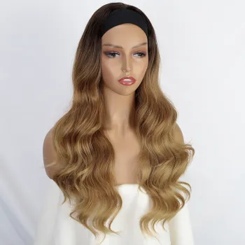 New Fashion Ombre Brown None Replacement Body Wave Heat Resistant Fiber Hair Synthetic Headwraps Hair Wig Headband Wigs