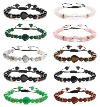 Gemstone Round Beads with 12MM Heart Charm Woven Bracelet Natural Stone Beads Love Heart Woven Adjustable Bracelet For Men Women