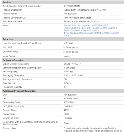 TEMPERATURE SENSOR NTC 10K 6SY7000-0AD10 - Limited Time Offer