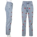 Women High Waisted Pencil Jeans Cute Cherry Embroidery Denim Pants Slim Trousers