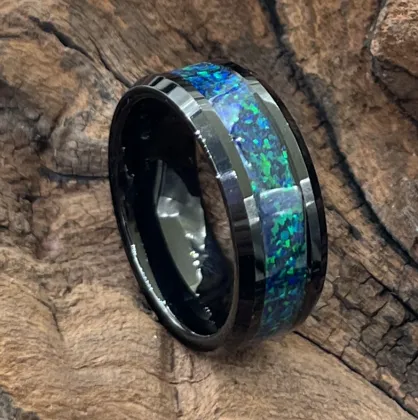 Black Tungsten Ring with Galaxy Opal Green Opal - Men's Wedding Band