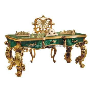 European Solid Wood Gold Foil Desk & Chair - Customized Italian French Luxury Carved Villa Writing Desk