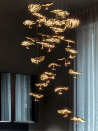 lobby indoor golden glass leaf chandelier