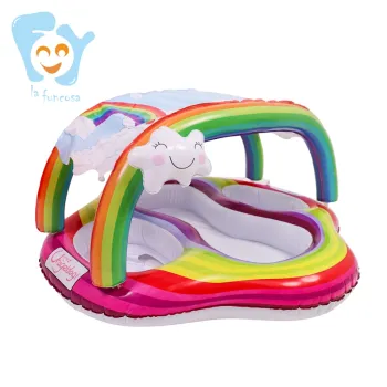 Rainbow Color Inflatable Twin Baby Pool Floats with Canopy for Summer Swimming