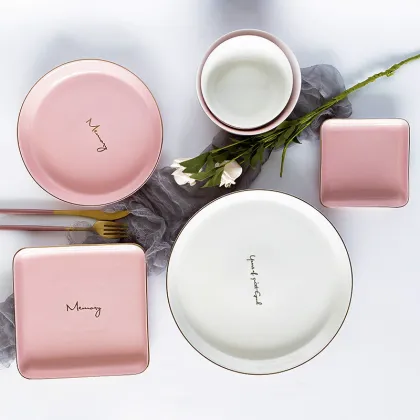 HOT products  matte pink ceramics dinnerware porcelain ceramic tableware with gold rim  Dinnerware+Sets