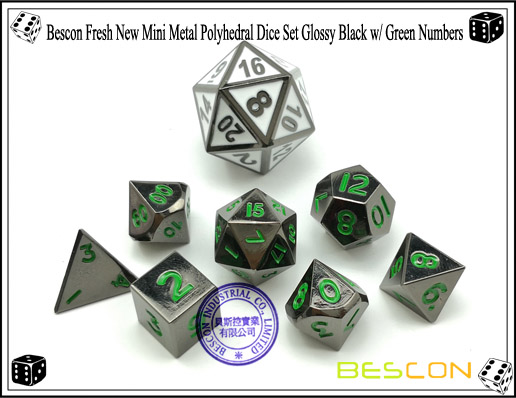 Bescon Fresh New Mini Metal Polyhedral Dice Set Glossy Black with Green Numbers-3