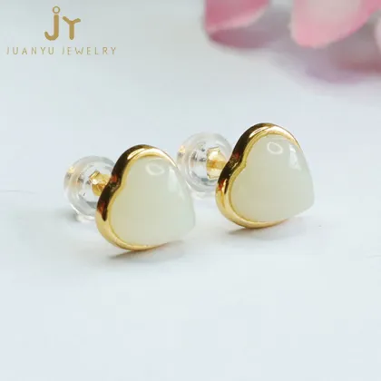 925 Sterling Silver Heart-Shaped Jade Earrings with Gold Plating - High Quality Hetian Natural Jewelry