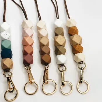Boho Style Rainbow Silicone Beads Wooden Beads Teacher's Day Gift Keychain with Nylon Lanyard