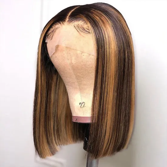 Short Bob Highlight 4/27 Color Human Hair Natural Lace Front Wigs Brown Ombre Remy Hair Pre-Plucked Swiss Lace Highlight Bob Wig