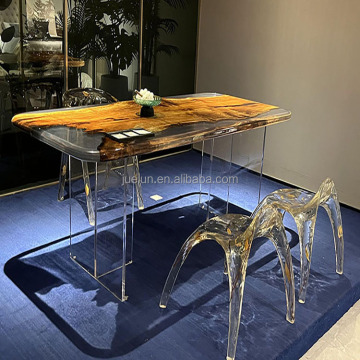 Groothandel aangepaste live edge epoxy eettafel met oranje acryl transparant ontwerp