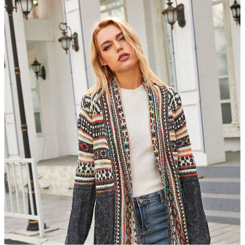 Women's mid-length ethnic style sweater coat