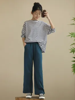 Spring And Autumn Casual Girls' Casual Simple Black And White Striped Long Sleeve T-shirt