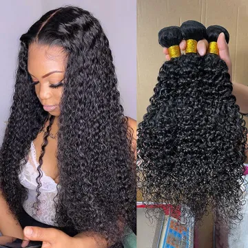 Cuticle aligned brazilian curly hair, human hair bundles with lace frontal closure, curly peruvian virgin human hair weft