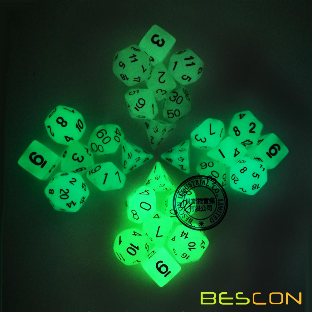 Bescon Polyhedral 7-Die Set: GLOW IN DARK Dice Set in Purple Color