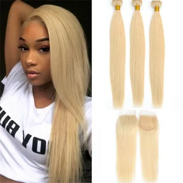 Free Sample Brazilian Human Hair Blonde Bundle With Closure,Wholesale Straight Bundle With Lace Closure,613 Bundles With Closure