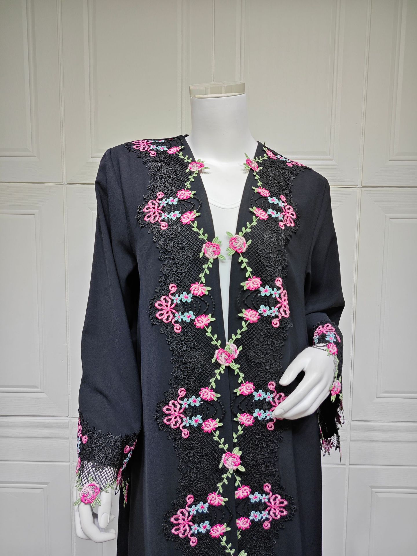 Floral Embroidered Lace Open Front Abaya