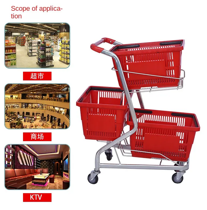 Supermarket Trolley With Three Plastic Basket Shopping Cart