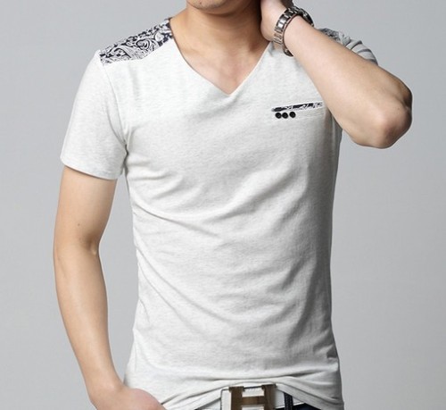 Silk Screen Plain Cotton Mix Spandex V Neck T Shirt for Men