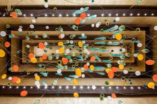 Modern staircase colorful glass chandelier sparkly