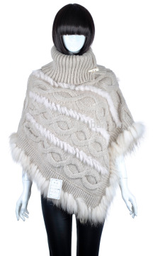 YR895 Latest style raccoon fur poncho/ rabbit fur knitted poncho with stand collar