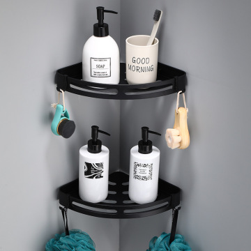 Tuqiu Bathroom Shelf with Hooks Bath Shower Shelf Aluminum Black Bathroom Corner shelf Wall Mounted Kitchen Storage holder