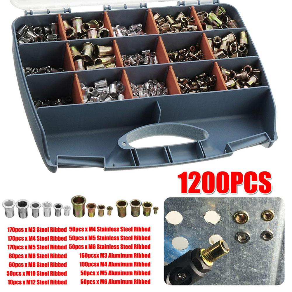 ALLSOME 1200Pcs M3 M4 M5 M6 M8 M10 M12 Stainless Steel Rivet Nuts Nutsert Rivnut Rivet Nutsert Tool Kit HT2824