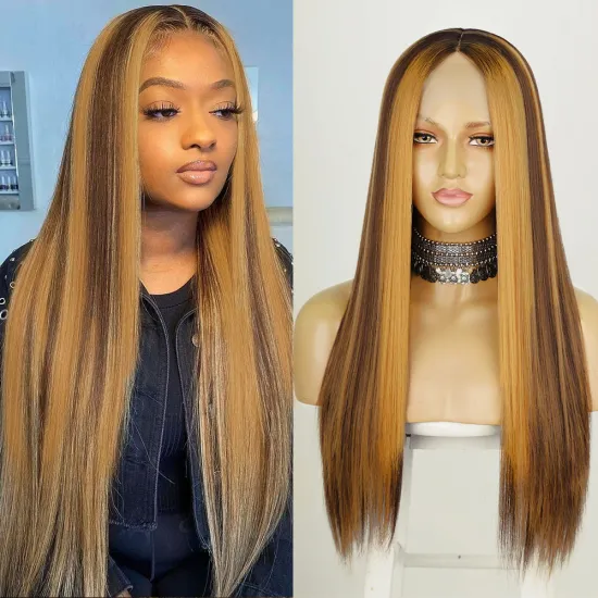 Aisi Hair straight blonde mix brown cheap wholsale premium soft fiber synthetic hair wigs with highlights lace front