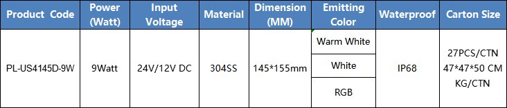 304SS 9Watt 145*155mm IP68 Underwater Spot Light