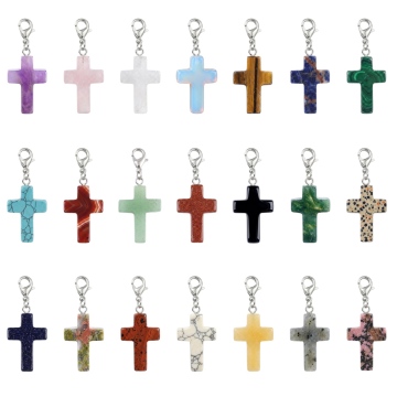 Natural Stone 25MM Cross Pendant Charm Bag Tag Gemstone Healing Cross Keychain Crystal Cross Charm Key Chain for Bag Tag