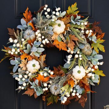 15 Inch Autumn Maple Leaf Pumpkin Pinecone Harvest Wreath for Front Door Thanksgiving Halloween Decor