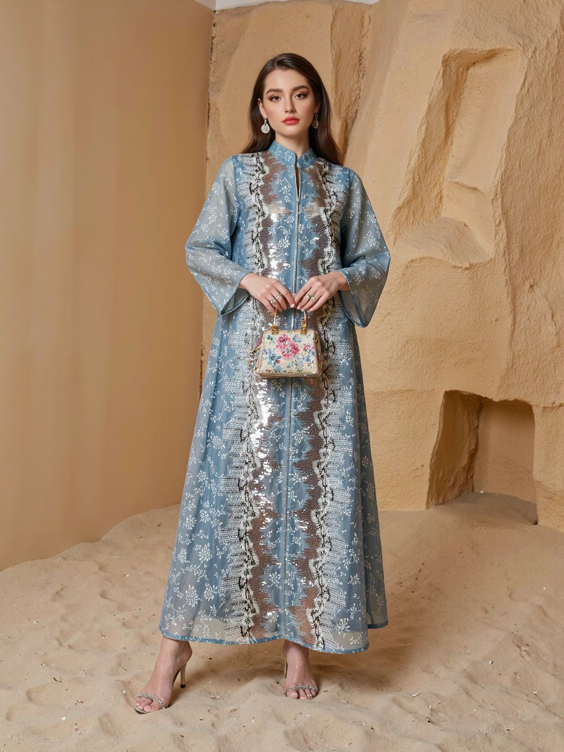 Silver Embroidered Mesh Abaya Dress Detail