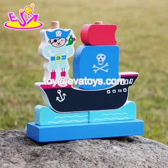 new design pirate boat shape wooden stacking toys for 1 year old W13D134