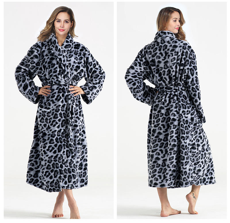 Luxury Leopard Print Women Fleece Fluffy Bathrobe